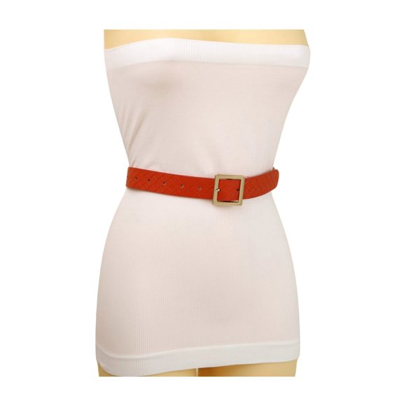 Women Orange Color Basket Weave Skinny Belt Gold Metal Square Buckle Size S M - Picture 6 of 17